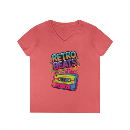 Retro Beats Cassette Art Ladies’ V-Neck T-Shirt Colorful Music Vibes | TEEZOCA 