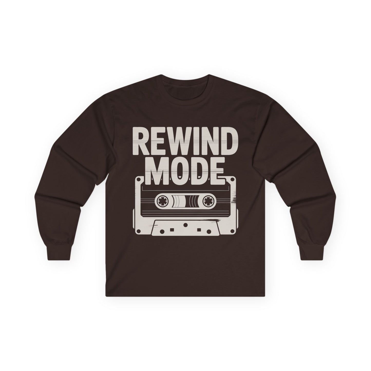 TEEZOCA old school cassette design long-sleeve t-shirt Brown long-sleeve shirt with 'Rewind Mode' and cassette tape graphic on a white background