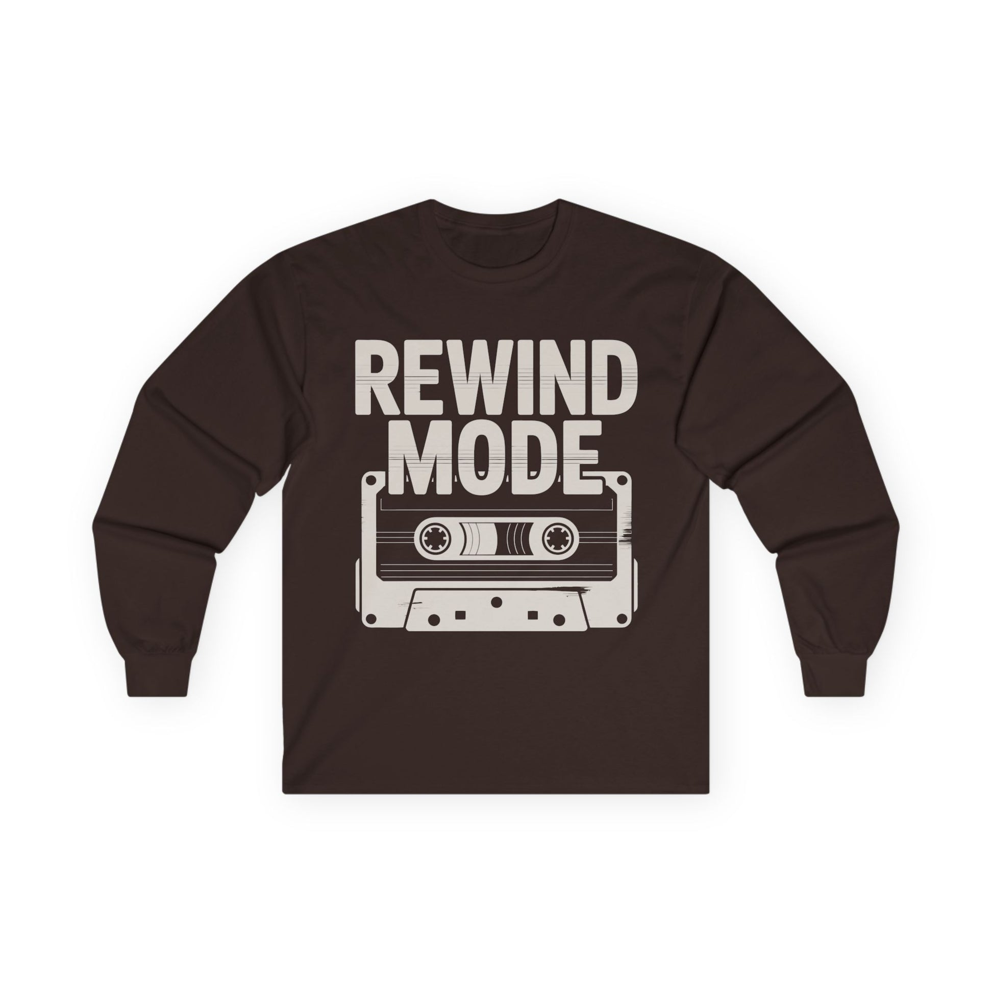 TEEZOCA old school cassette design long-sleeve t-shirt Brown long-sleeve shirt with 'Rewind Mode' and cassette tape graphic on a white background