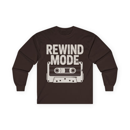 TEEZOCA old school cassette design long-sleeve t-shirt Brown long-sleeve shirt with 'Rewind Mode' and cassette tape graphic on a white background