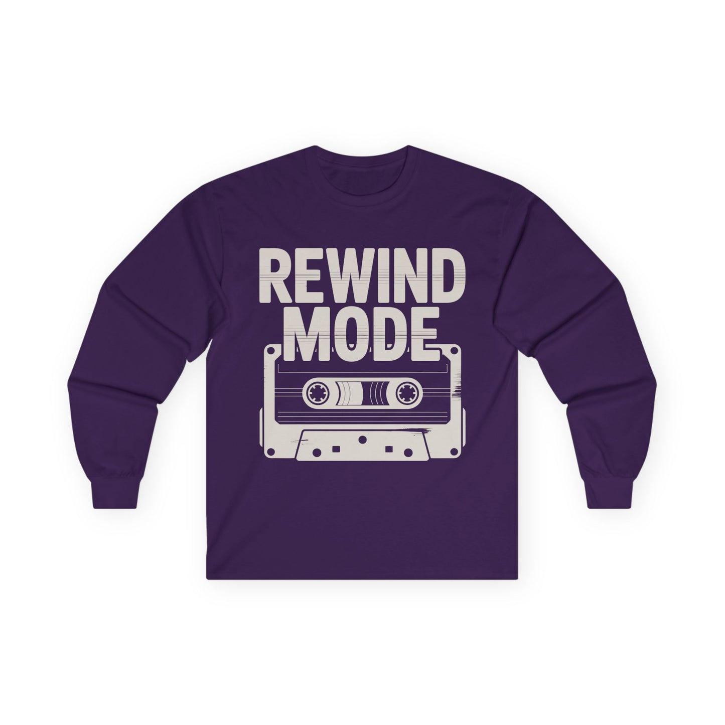 TEEZOCA old school cassette design long-sleeve t-shirt Purple long-sleeve shirt with 'Rewind Mode' graphic and cassette tape design on a white background