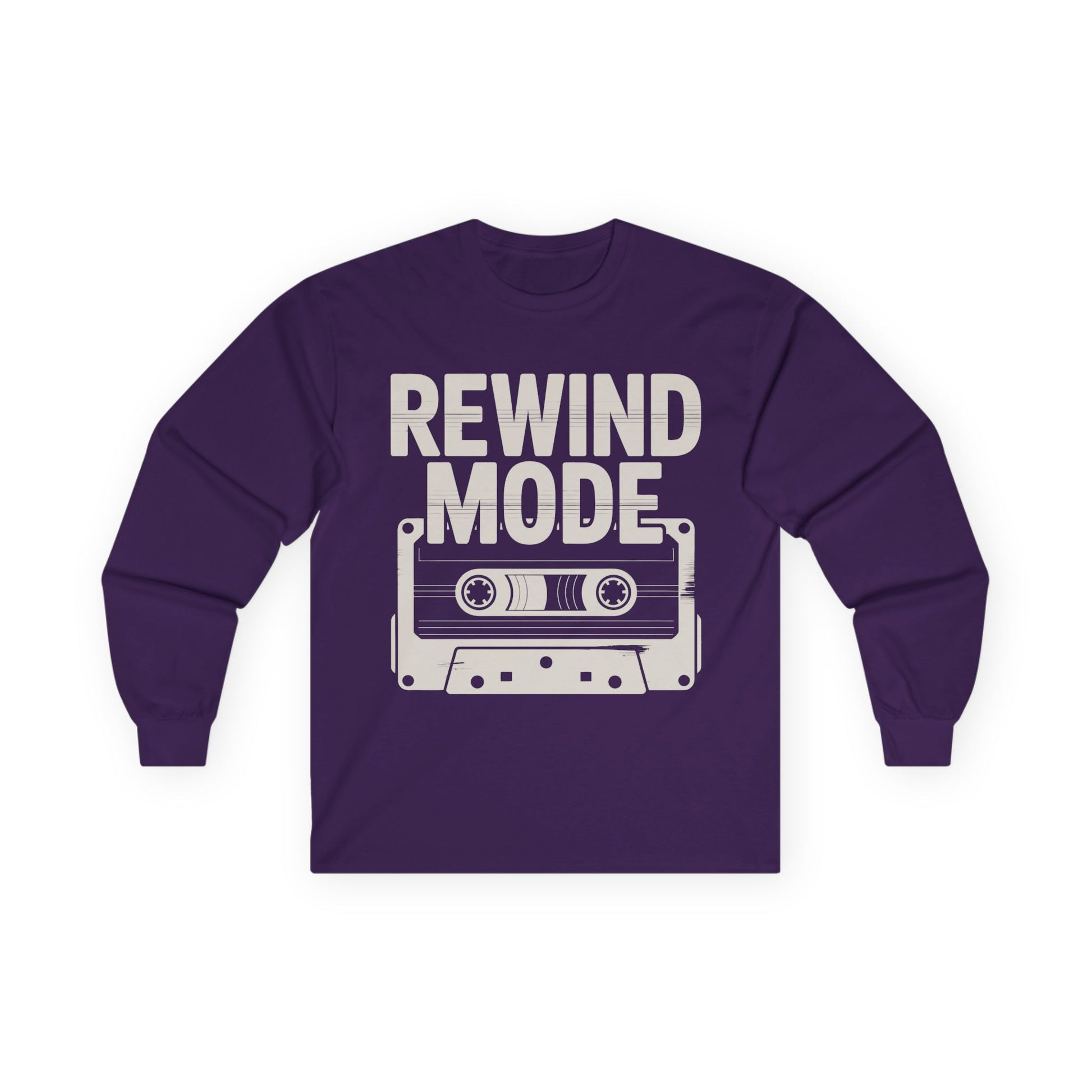 TEEZOCA old school cassette design long-sleeve t-shirt Purple long-sleeve shirt with 'Rewind Mode' graphic and cassette tape design on a white background