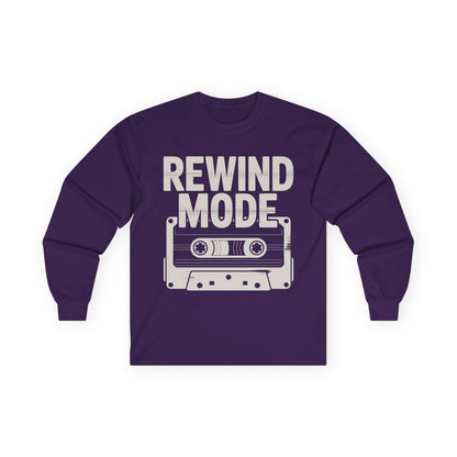 TEEZOCA old school cassette design long-sleeve t-shirt Purple long-sleeve shirt with 'Rewind Mode' graphic and cassette tape design on a white background
