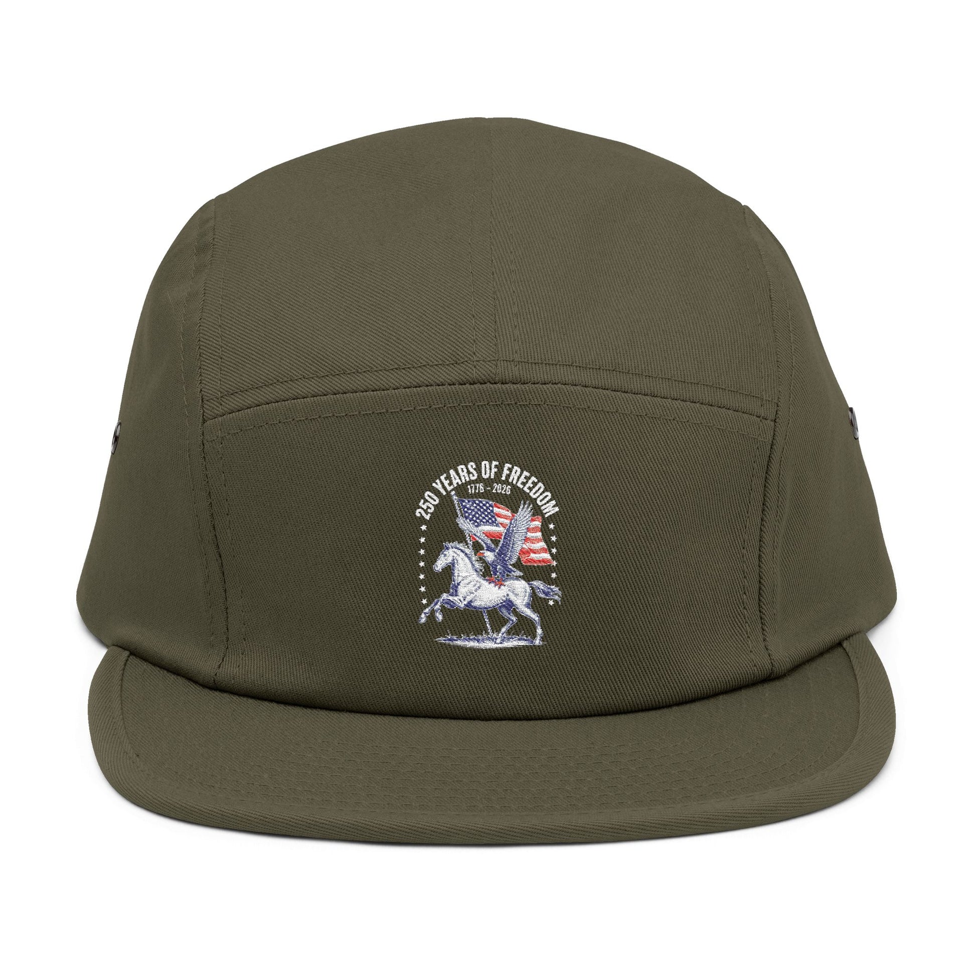 TEEZOCA olive green 5-panel cap featuring the "250 Years of Freedom" USA graphic, flat lay view.