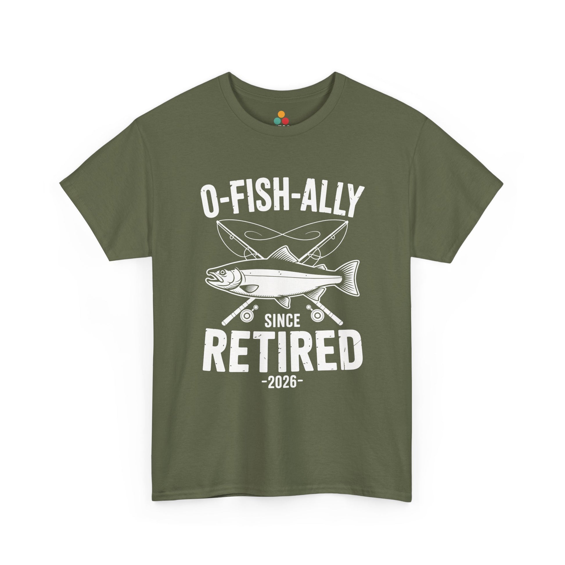 TEEZOCA olive green O-Fish-ally Retired Since 2026 angler T-shirt flat lay.