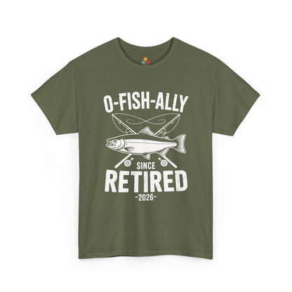 TEEZOCA olive green O-Fish-ally Retired Since 2026 angler T-shirt flat lay.