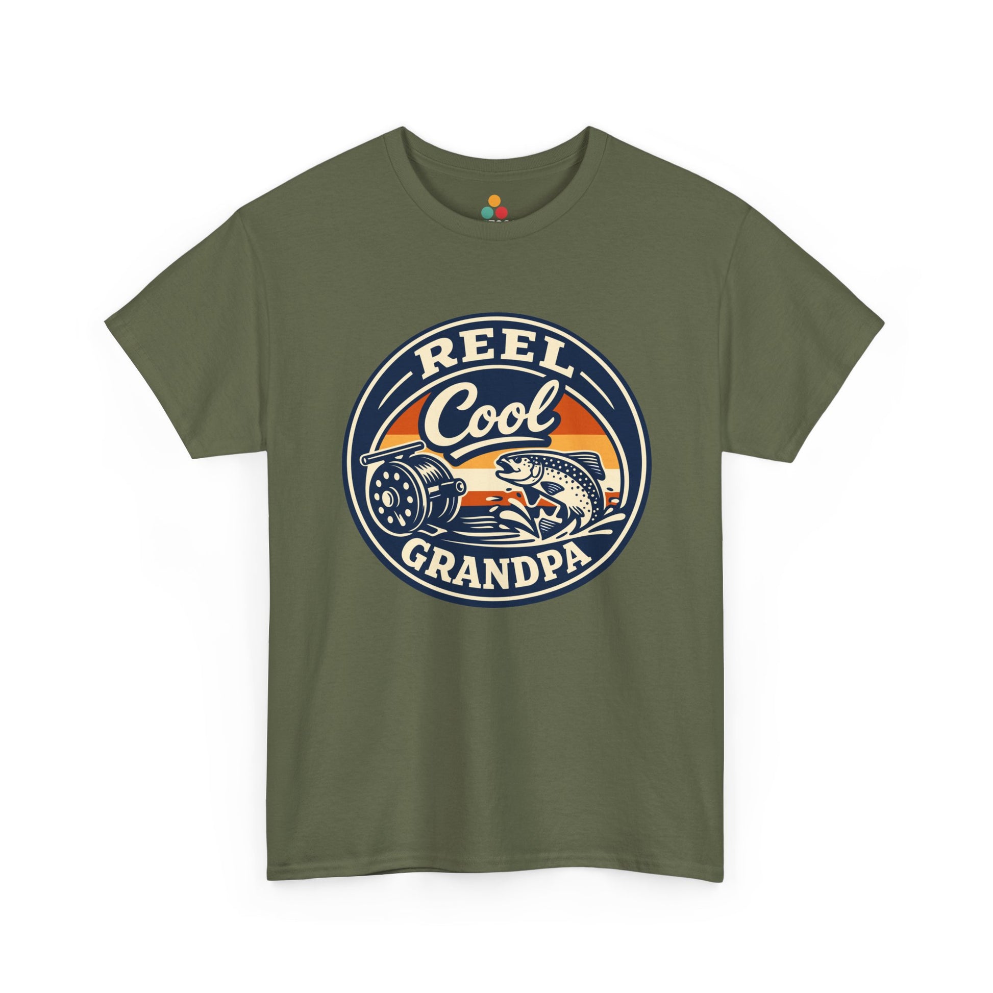 TEEZOCA olive green 'Reel Cool Grandpa' graphic T-shirt shown flat.
