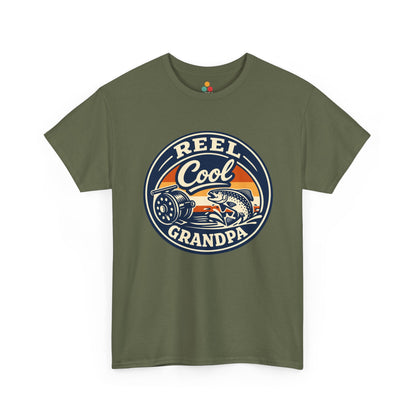 TEEZOCA olive green 'Reel Cool Grandpa' graphic T-shirt shown flat.