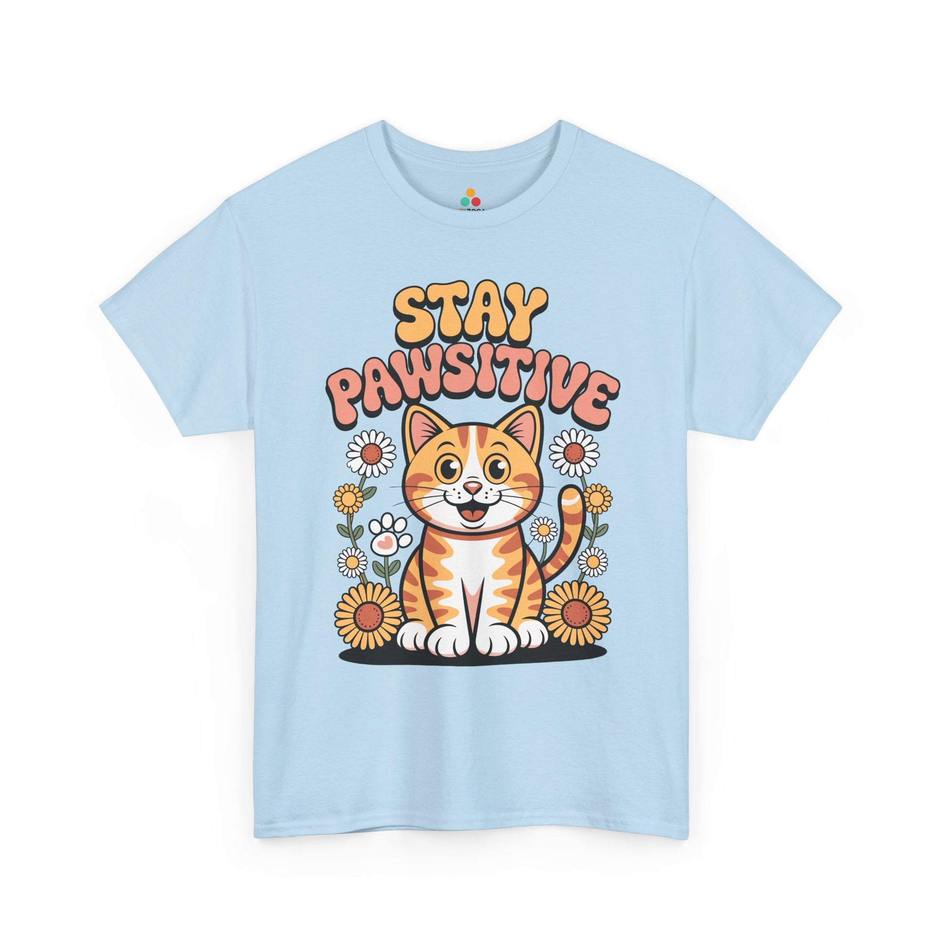 TEEZOCA orange tabby cat floral graphic tee Stay Pawsitive Cat Cute Retro Kitty Graphic T‑Shirt | TEEZOCA 