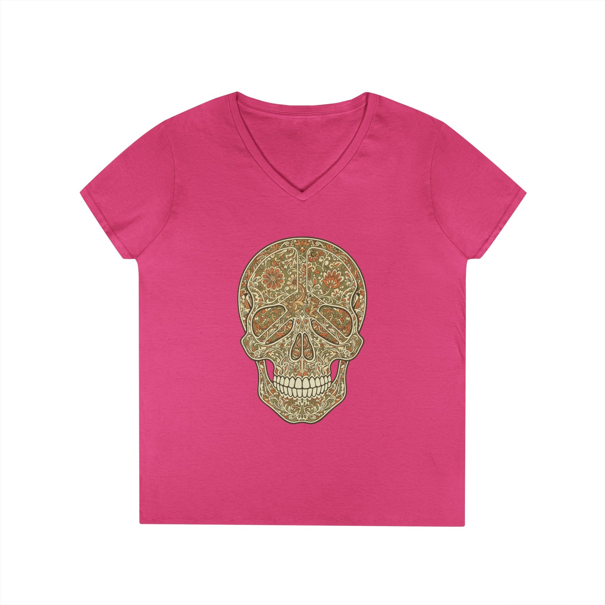 Floral Peace Skull Art V-Neck T-Shirt Retro Aesthetic Statement Tee | TEEZOCA 