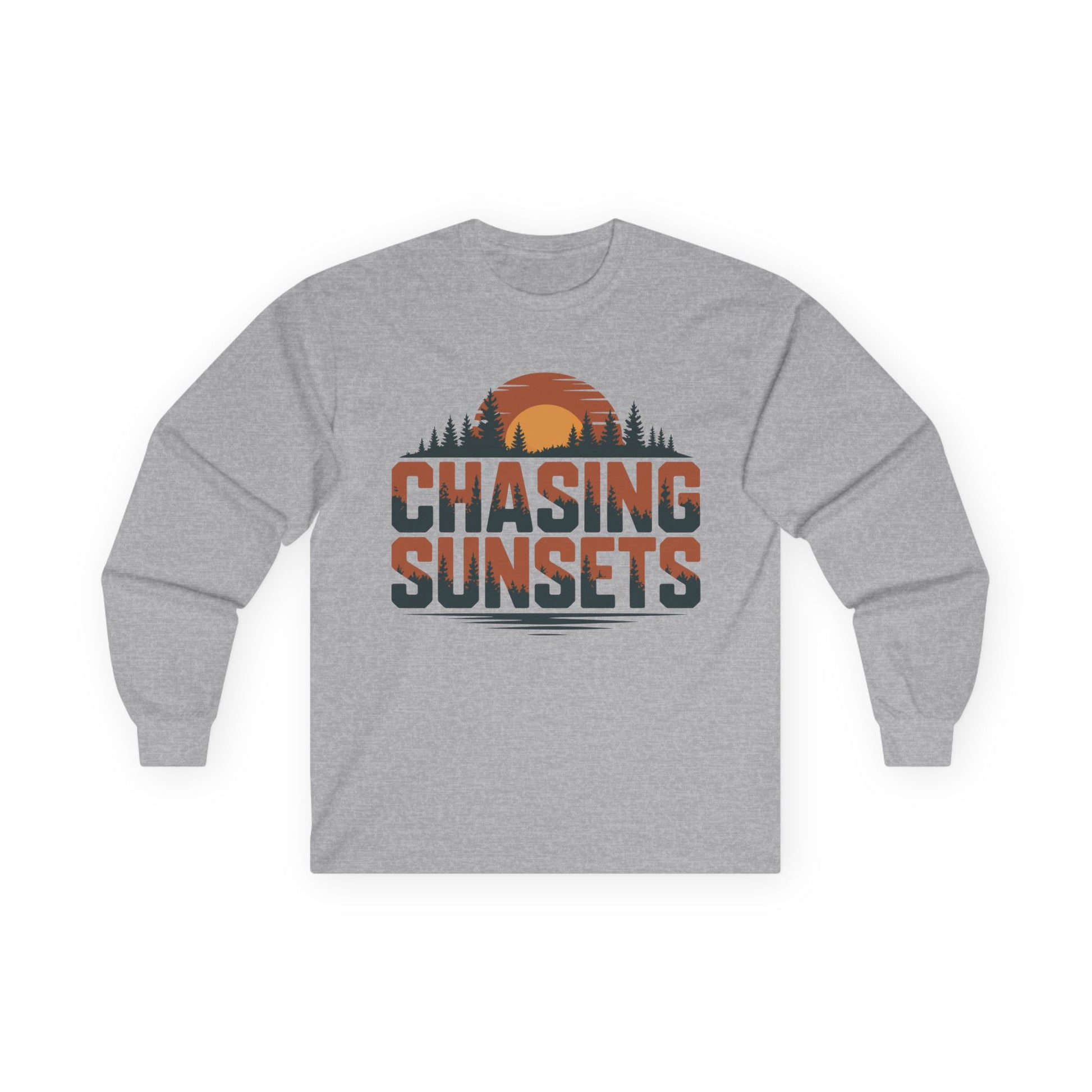 TEEZOCA outdoor adventure sunset unisex long-sleeve t-shirt Gray long-sleeve shirt with 'Chasing Sunsets' graphic on a white background