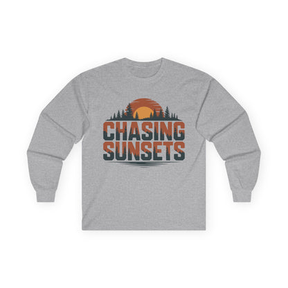 TEEZOCA outdoor adventure sunset unisex long-sleeve t-shirt Gray long-sleeve shirt with 'Chasing Sunsets' graphic on a white background