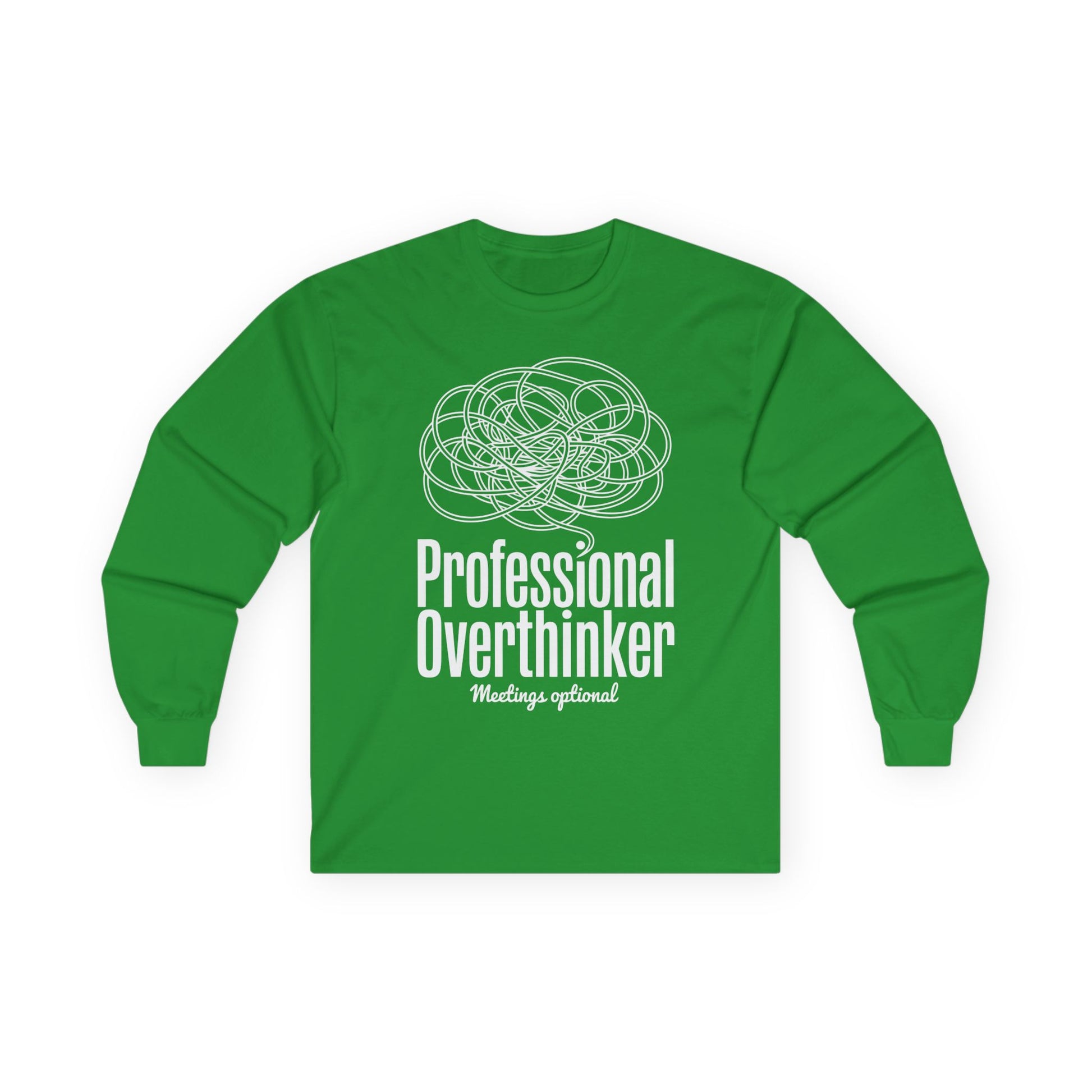TEEZOCA overthinking brain line art unisex long-sleeve shirt Green long-sleeve shirt with white graphic and text on a white background