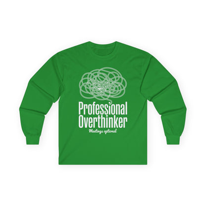 TEEZOCA overthinking brain line art unisex long-sleeve shirt Green long-sleeve shirt with white graphic and text on a white background