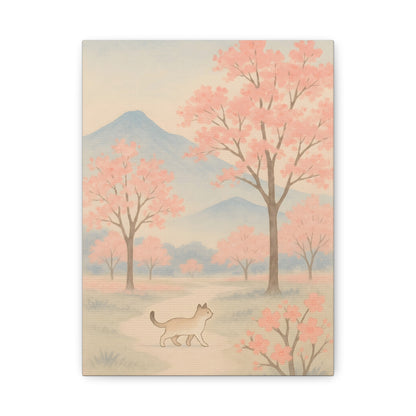 TEEZOCA pastel cherry blossom cat landscape canvas shown flat with soft mountains in the background.