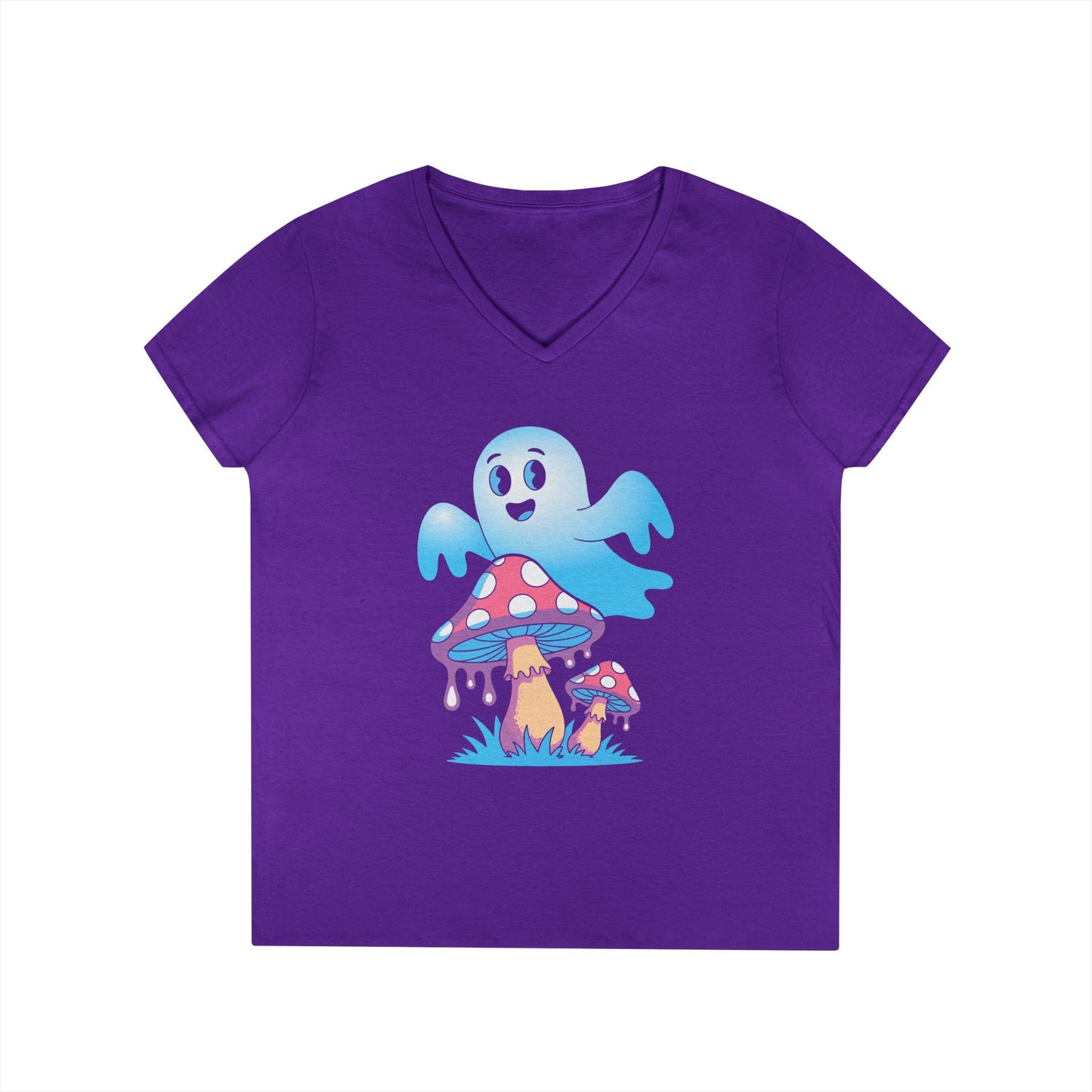 Cute Ghost Mushroom Art Ladies’ V-Neck T-Shirt Whimsical Fantasy Style | TEEZOCA 