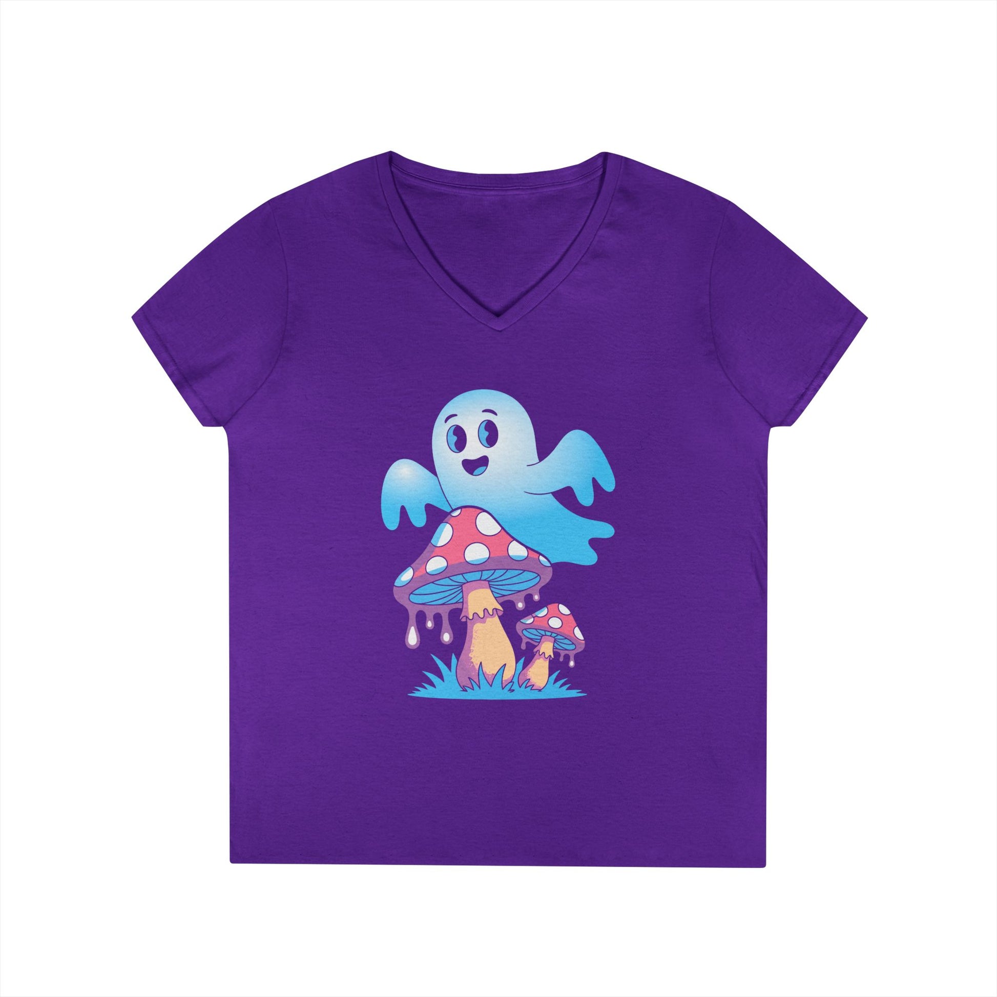 Cute Ghost Mushroom Art Ladies’ V-Neck T-Shirt Whimsical Fantasy Style | TEEZOCA 