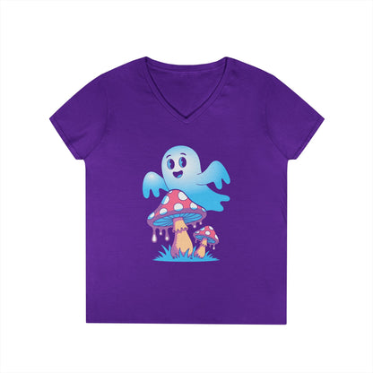 Cute Ghost Mushroom Art Ladies’ V-Neck T-Shirt Whimsical Fantasy Style | TEEZOCA 