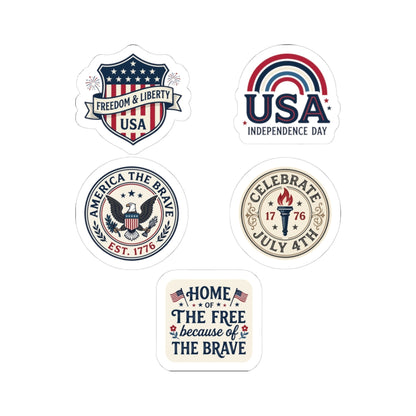TEEZOCA patriotic American flag sticker pack featuring five vintage red, white, and blue designs shown flat.