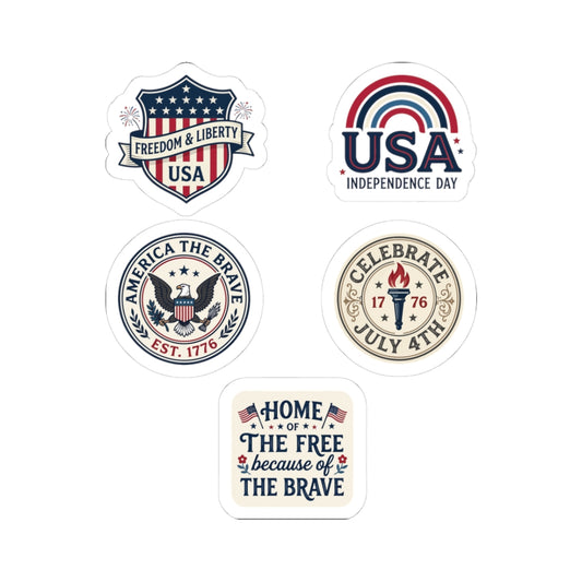 TEEZOCA patriotic American flag sticker pack featuring five vintage red, white, and blue designs shown flat.