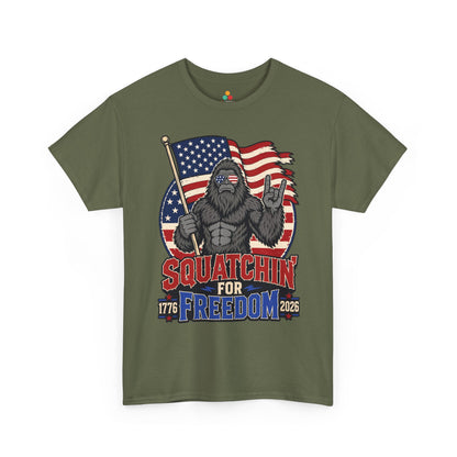 TEEZOCA patriotic Bigfoot shirt design with American flag art, bold red and blue text, and Independence Day humor.
