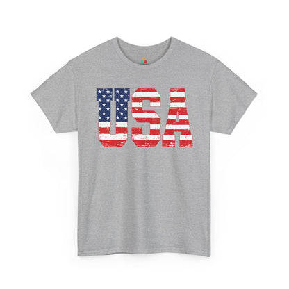 TEEZOCA patriotic T-shirt design with distressed USA flag letters for BBQs, fireworks, and July 4 shirts.
