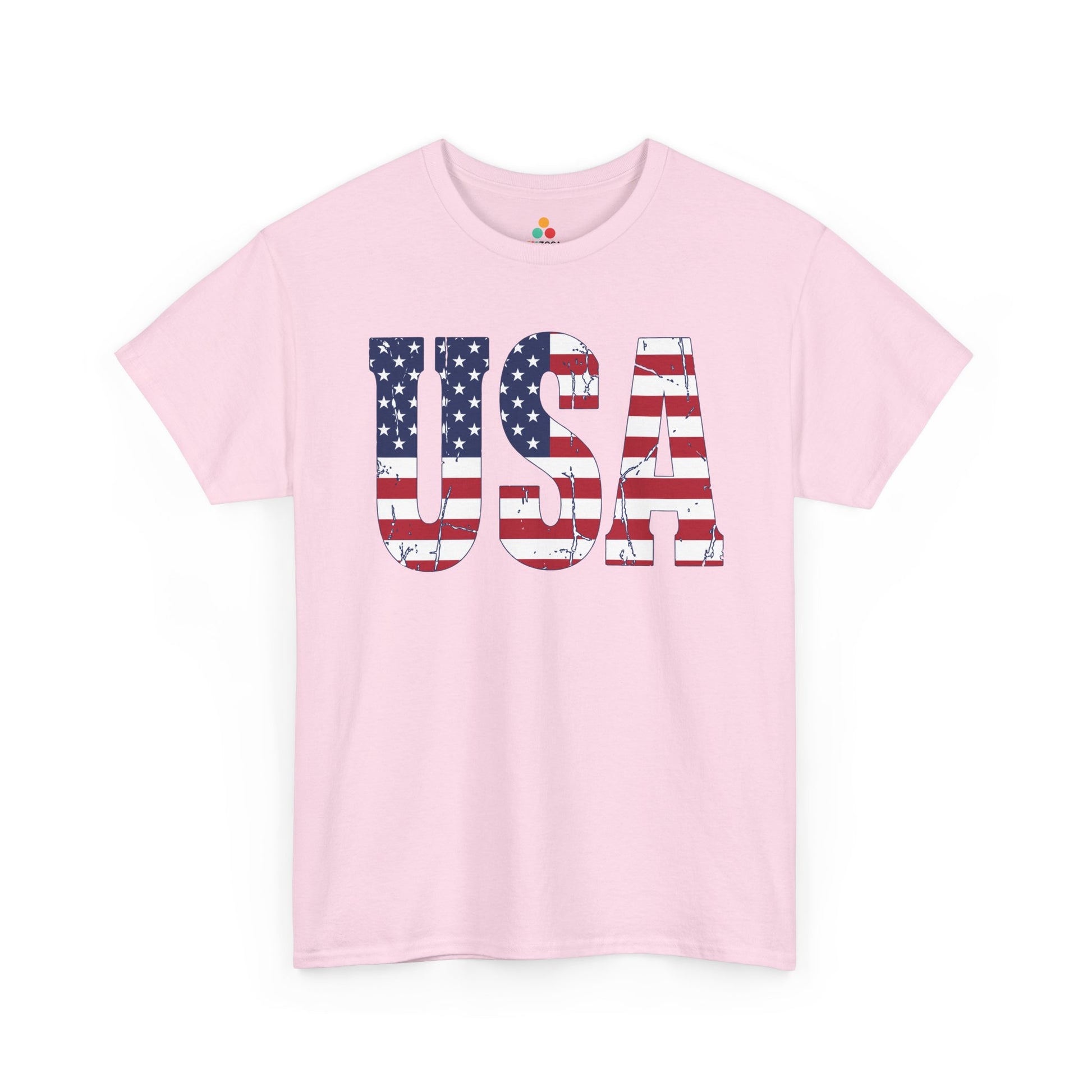 TEEZOCA patriotic T-shirt featuring distressed USA letters with a clean vintage American flag design.
