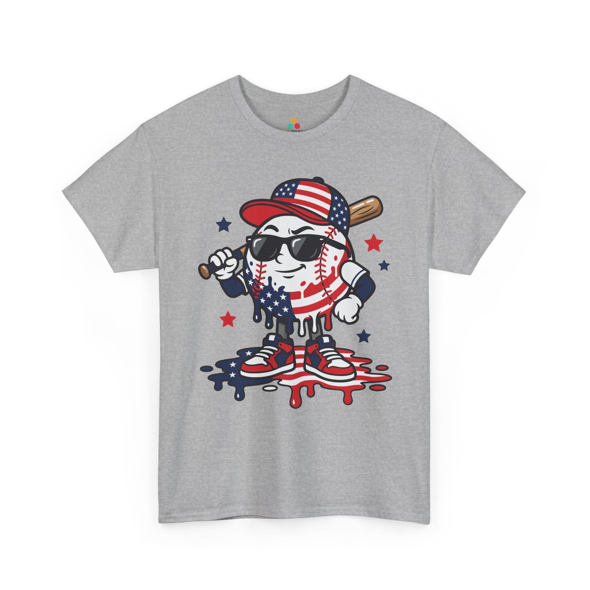 TEEZOCA patriotic baseball shirt t-shirt showing an American flag baseball character with bat and bold drip art details.
