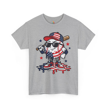 TEEZOCA patriotic baseball shirt t-shirt showing an American flag baseball character with bat and bold drip art details.
