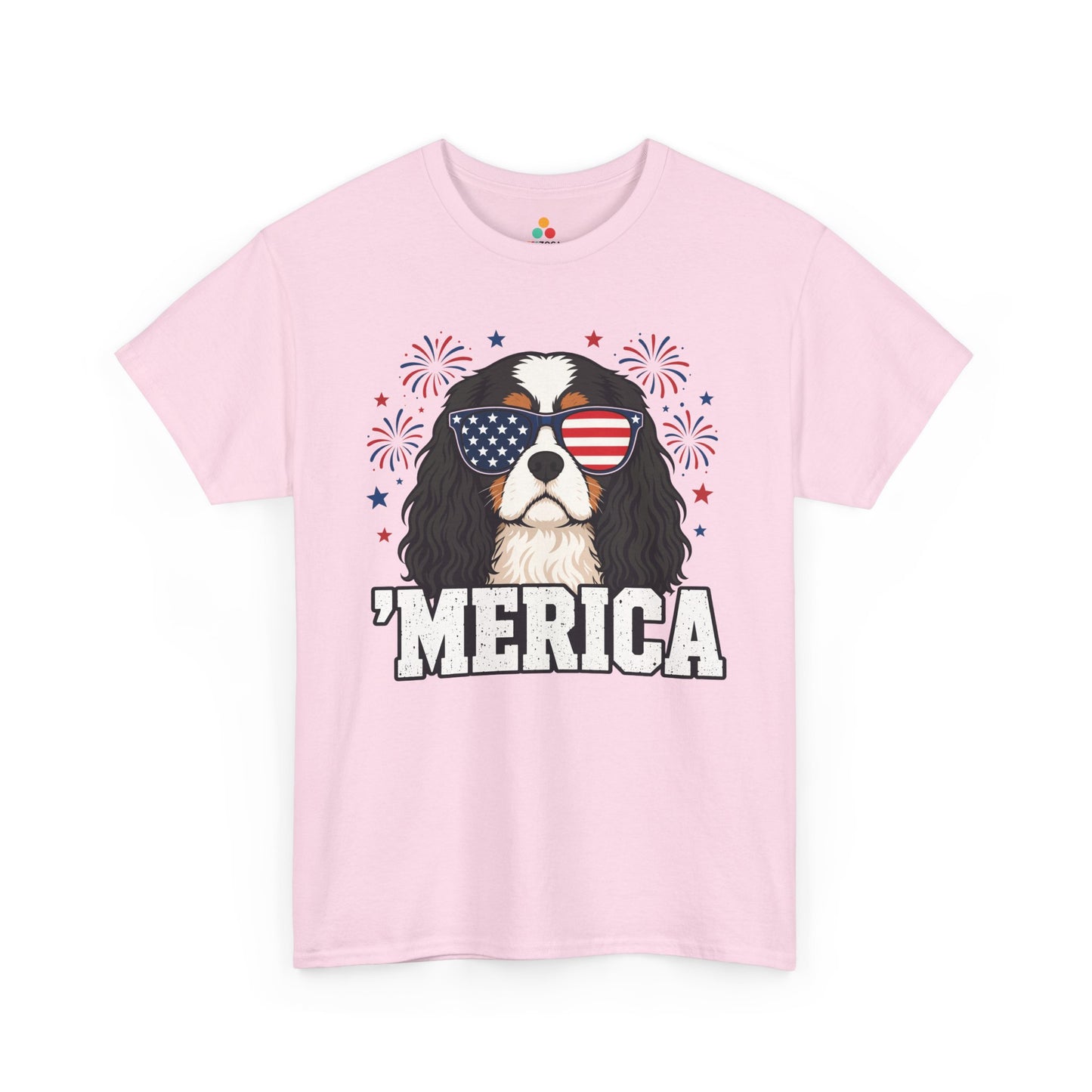 TEEZOCA patriotic dog tee t-shirt for Cavalier owners with American flag shades, red white and blue fireworks, and distressed Merica text.
