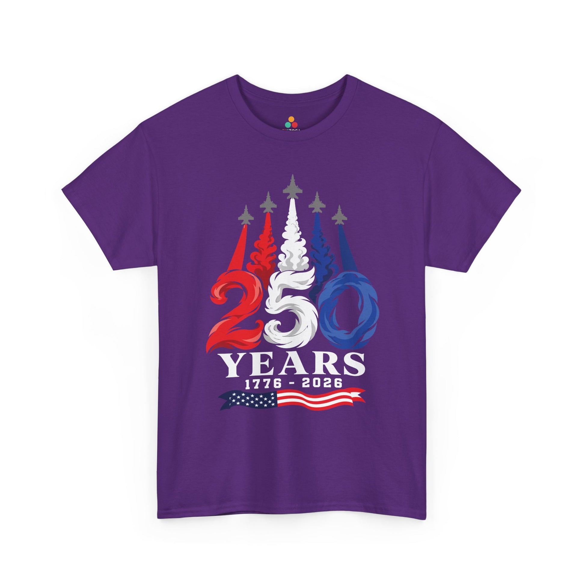 TEEZOCA patriotic fighter jet T-shirt with America 250 shirt energy, bold smoke trails, and Independence Day style.
