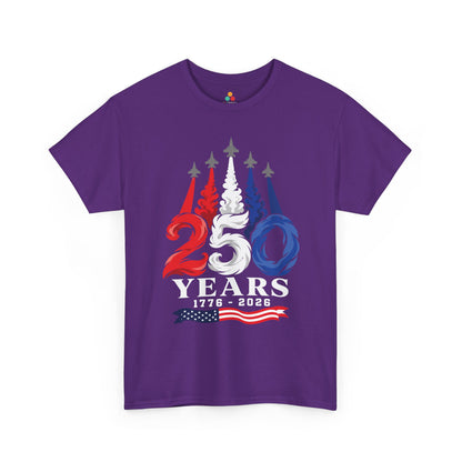 TEEZOCA patriotic fighter jet T-shirt with America 250 shirt energy, bold smoke trails, and Independence Day style.
