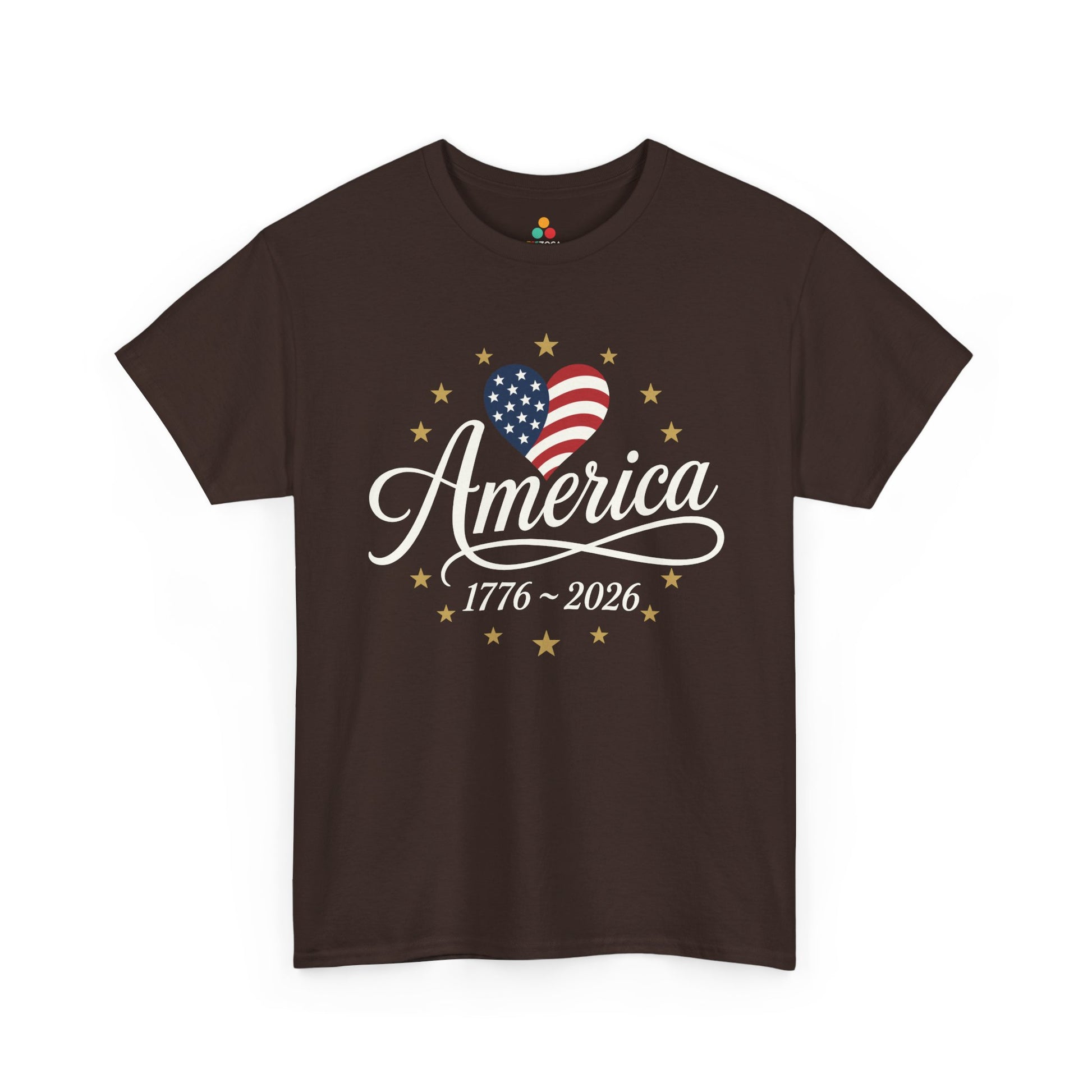 TEEZOCA patriotic heart shirt t-shirt showing a heart flag shirt design with America script and 1776 2026 anniversary dates.
