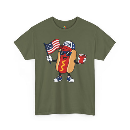 TEEZOCA patriotic hot dog shirt t-shirt featuring USA hot dog character, flag, party cup, and funny July 4 style.

