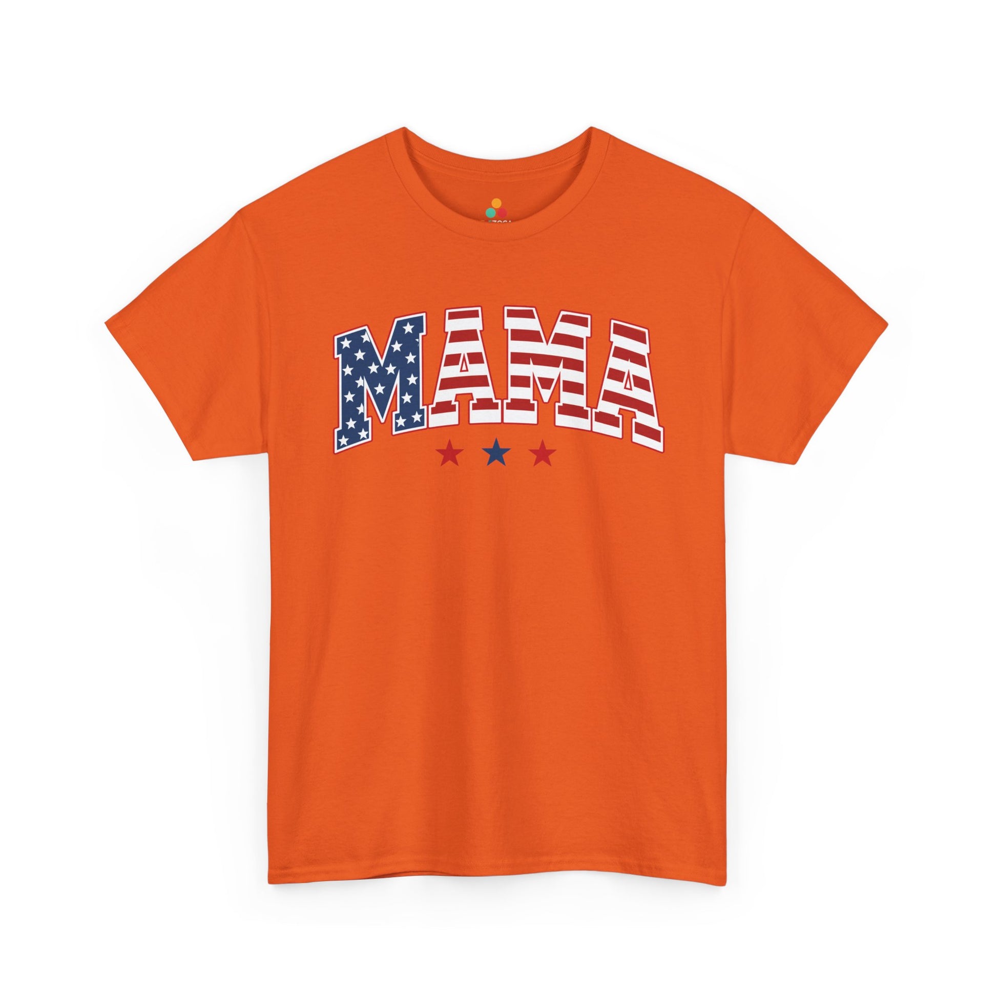 TEEZOCA patriotic mom shirt t-shirt showing oversized MAMA typography with blue stars, red stripes, and family celebration style.
