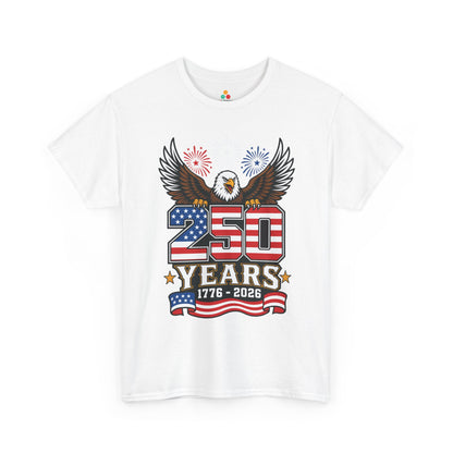 TEEZOCA patriotic shirts for men T-shirt with screaming bald eagle, flag-filled 250, fireworks, and 1776-2026 design.
