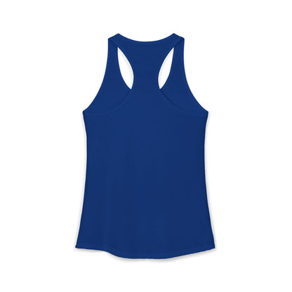 TEEZOCA paws-itively rad women’s tank top fun retro cat artwork Blue tank top on a white background
