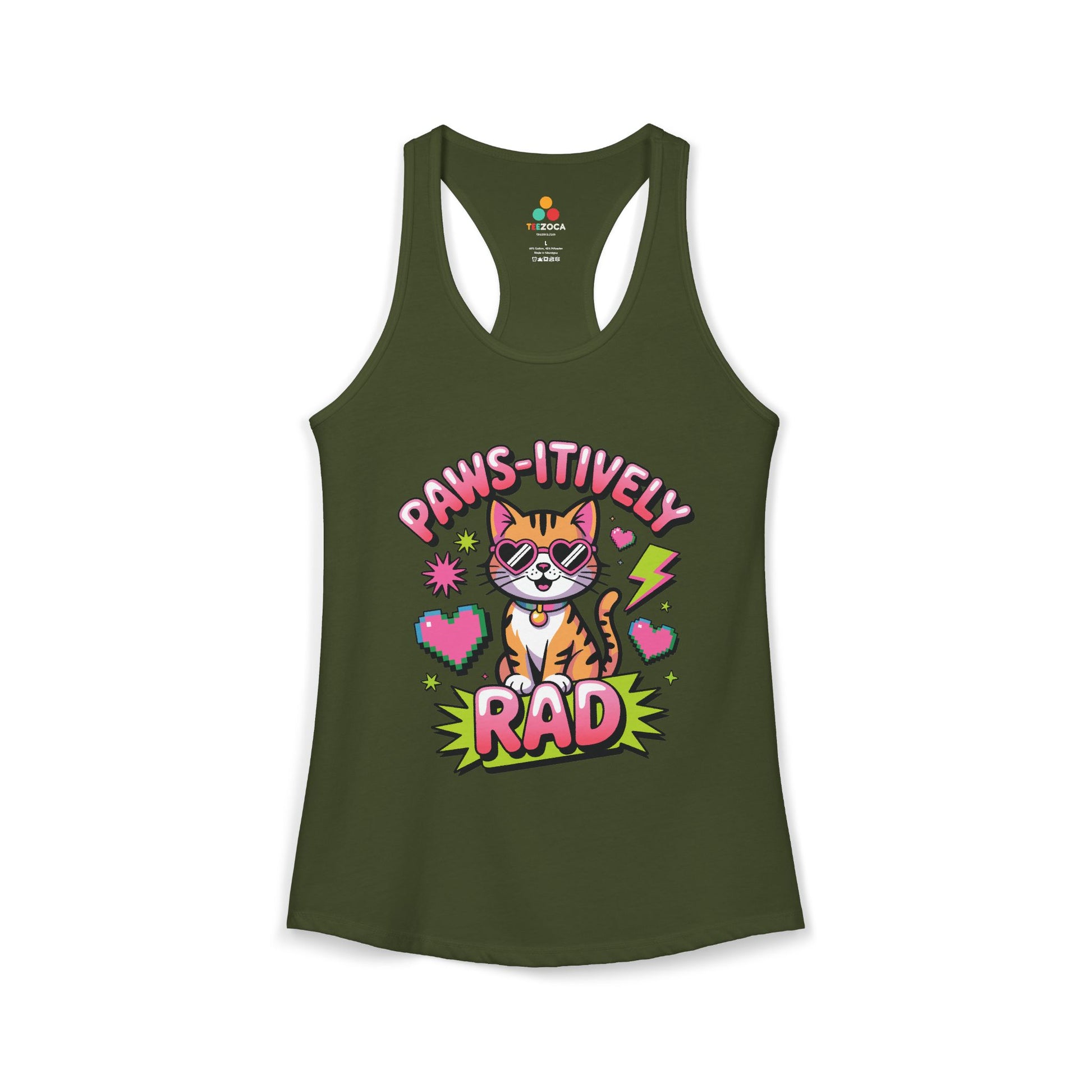 TEEZOCA paws-itively rad women’s tank top fun retro cat artwork Green tank top with a cat graphic and text on a white background