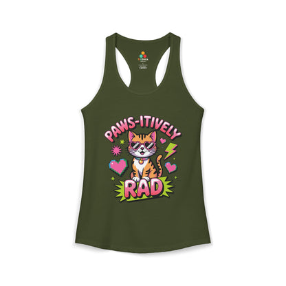 TEEZOCA paws-itively rad women’s tank top fun retro cat artwork Green tank top with a cat graphic and text on a white background