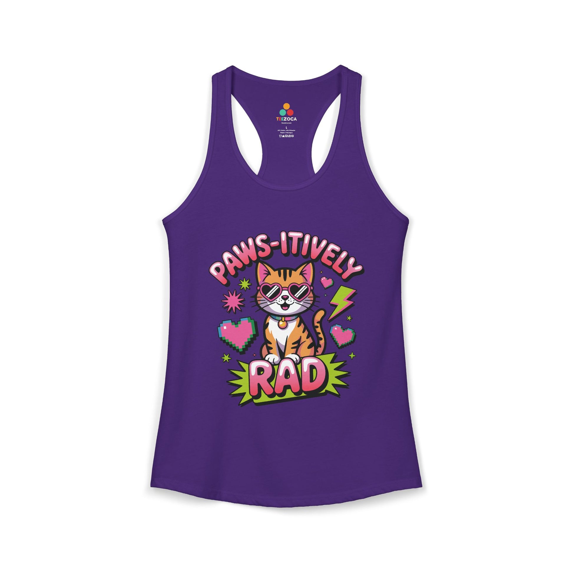 TEEZOCA paws-itively rad women’s tank top fun retro cat artwork Purple tank top with a cat graphic and text on a white background