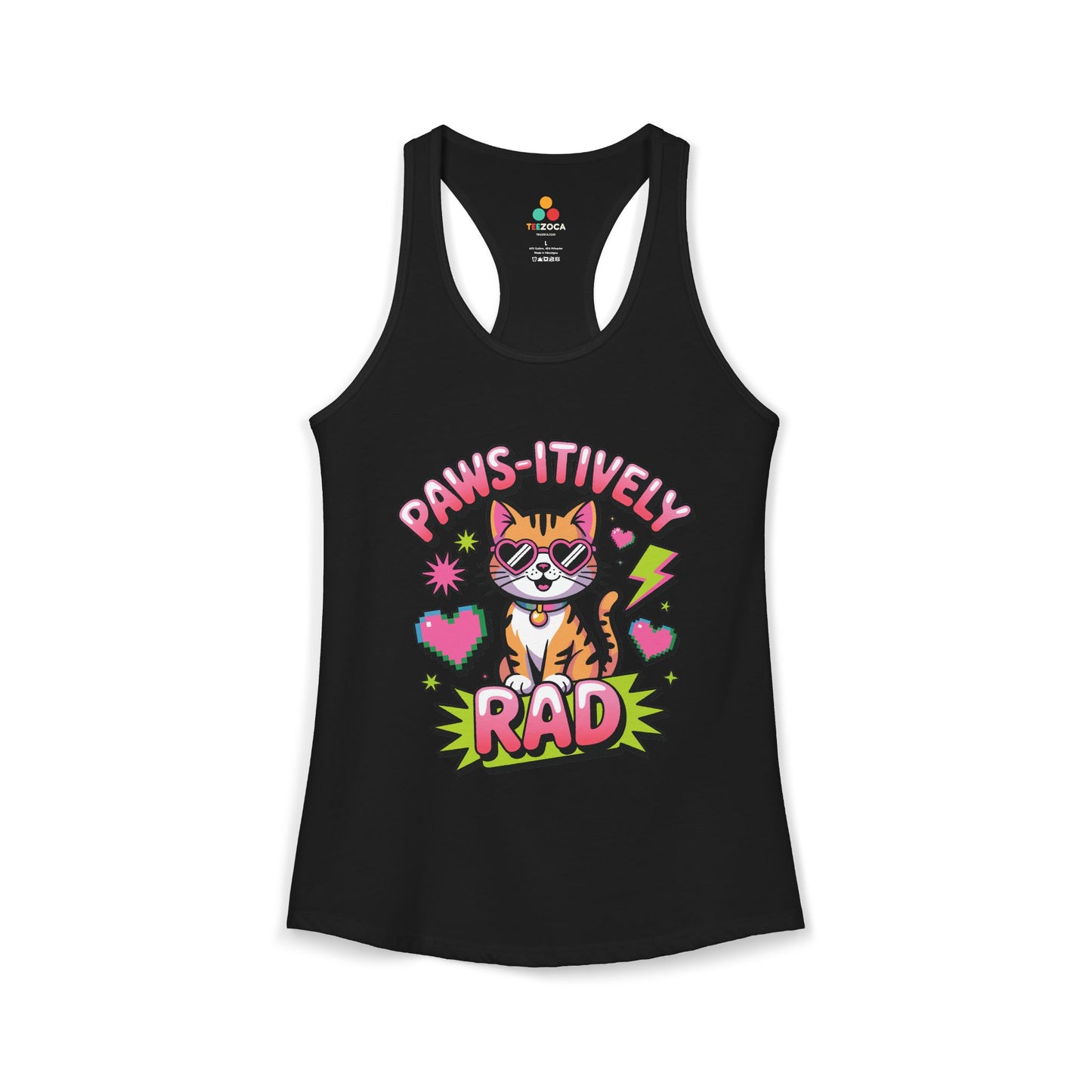 TEEZOCA paws-itively rad women’s tank top with colorful cat graphic Black tank top with a cat graphic and text on a white background