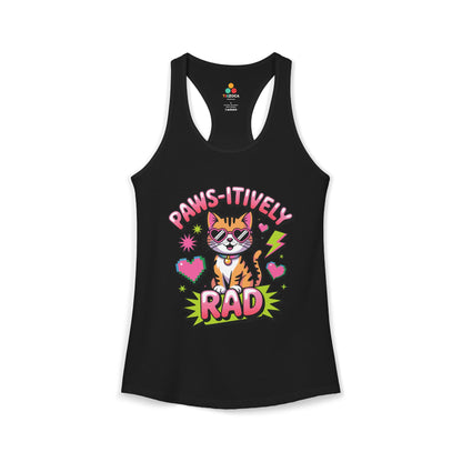 TEEZOCA paws-itively rad women’s tank top with colorful cat graphic Black tank top with a cat graphic and text on a white background