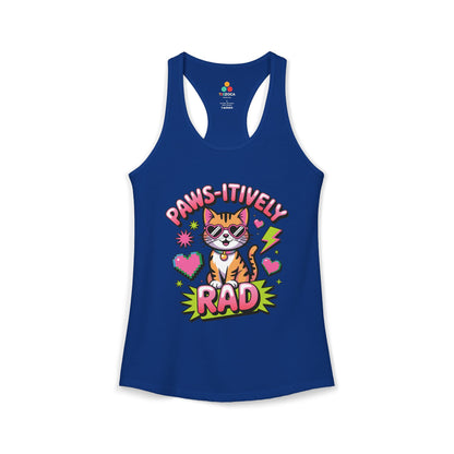 TEEZOCA paws-itively rad women’s tank top with colorful cat graphic Blue tank top with a cat graphic and text on a white background