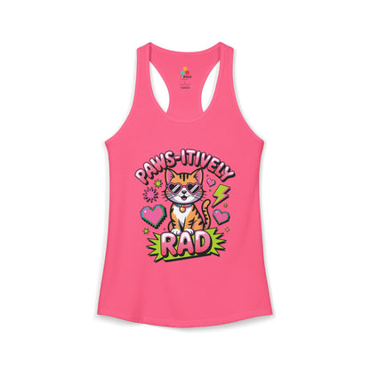 TEEZOCA paws-itively rad women’s tank top with colorful cat graphic Pink tank top with a cat graphic and text on a white background