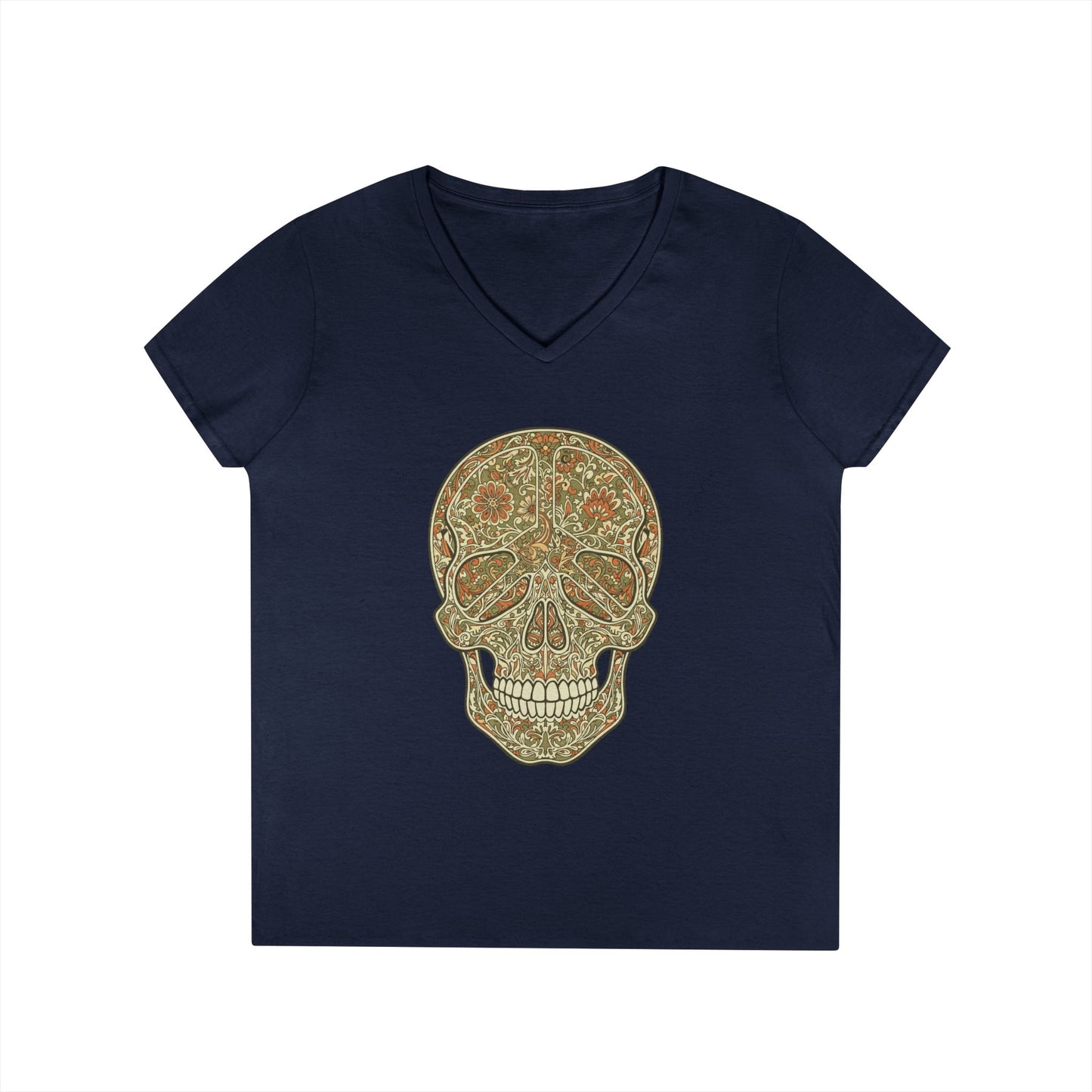 Floral Peace Skull Art V-Neck T-Shirt Retro Aesthetic Statement Tee | TEEZOCA 