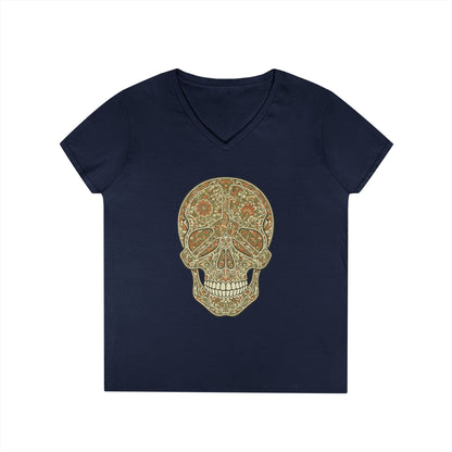 Floral Peace Skull Art V-Neck T-Shirt Retro Aesthetic Statement Tee | TEEZOCA 