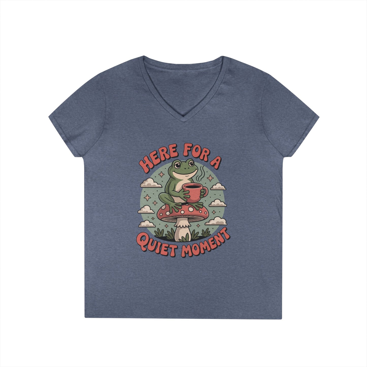 Here for a Quiet Moment Frog Coffee Graphic V-Neck T-Shirt for Women | TEEZOCA 