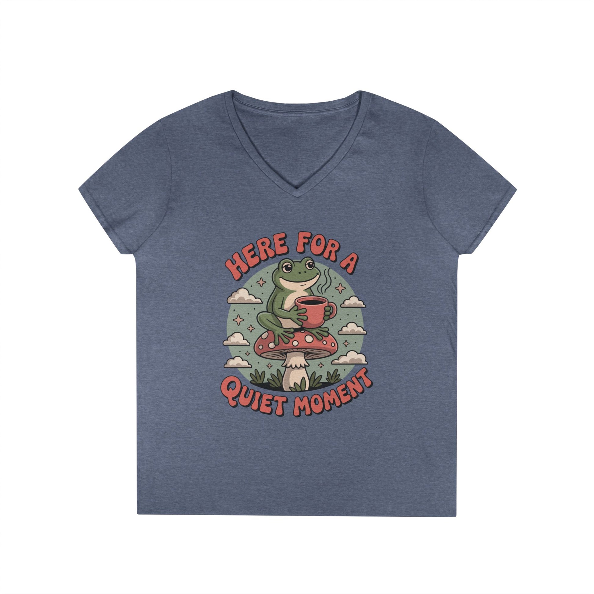 Here for a Quiet Moment Frog Coffee Graphic V-Neck T-Shirt for Women | TEEZOCA 