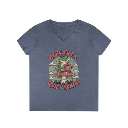 Here for a Quiet Moment Frog Coffee Graphic V-Neck T-Shirt for Women | TEEZOCA 