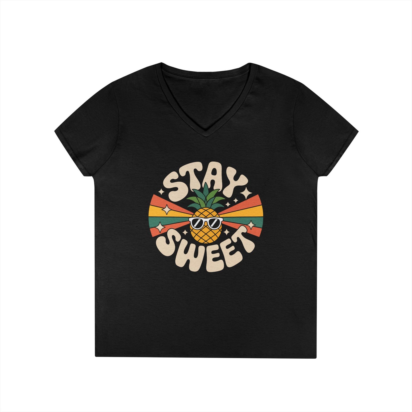 Stay Sweet Pineapple V-Neck T-Shirt for Women Retro Summer Vibes Style | TEEZOCA 